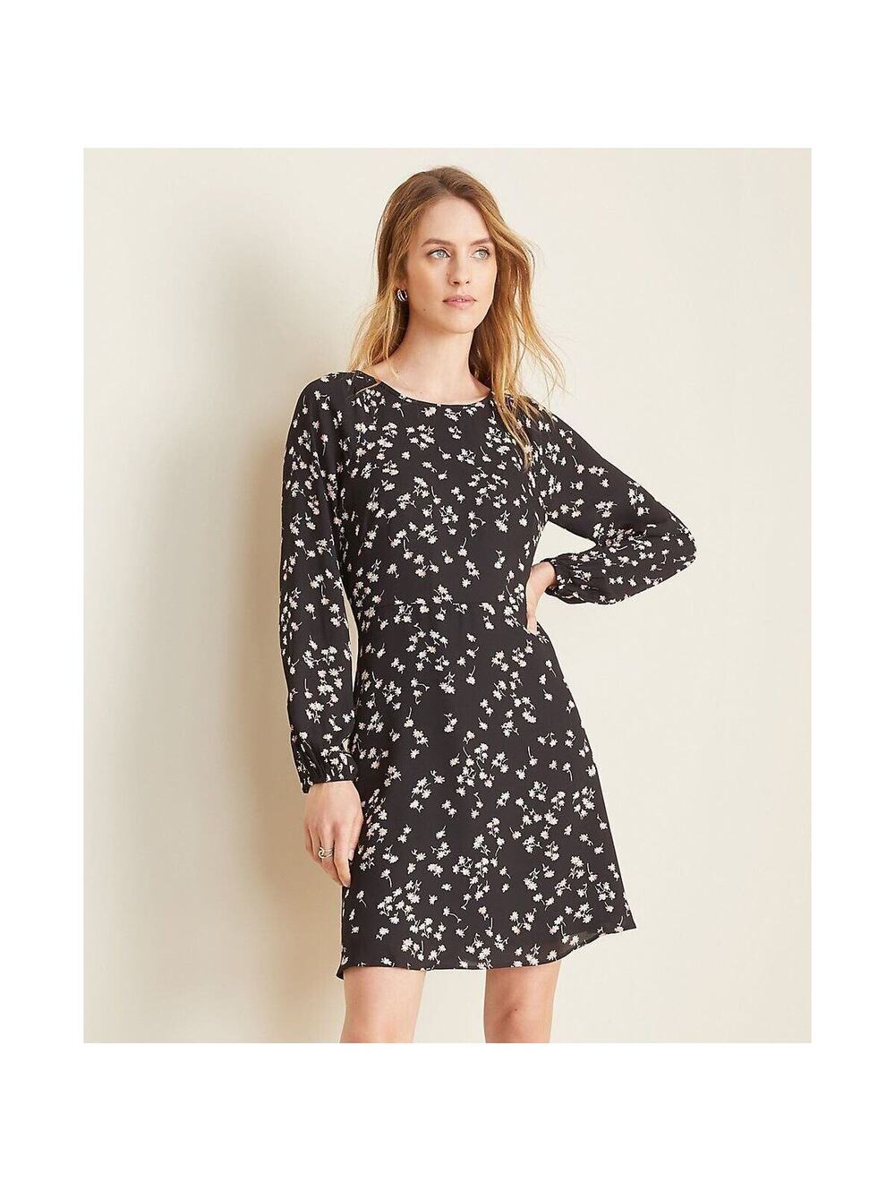 Ann Taylor Terra Floral Smocked Flare Dress Size 0 Black Pink White Blouson